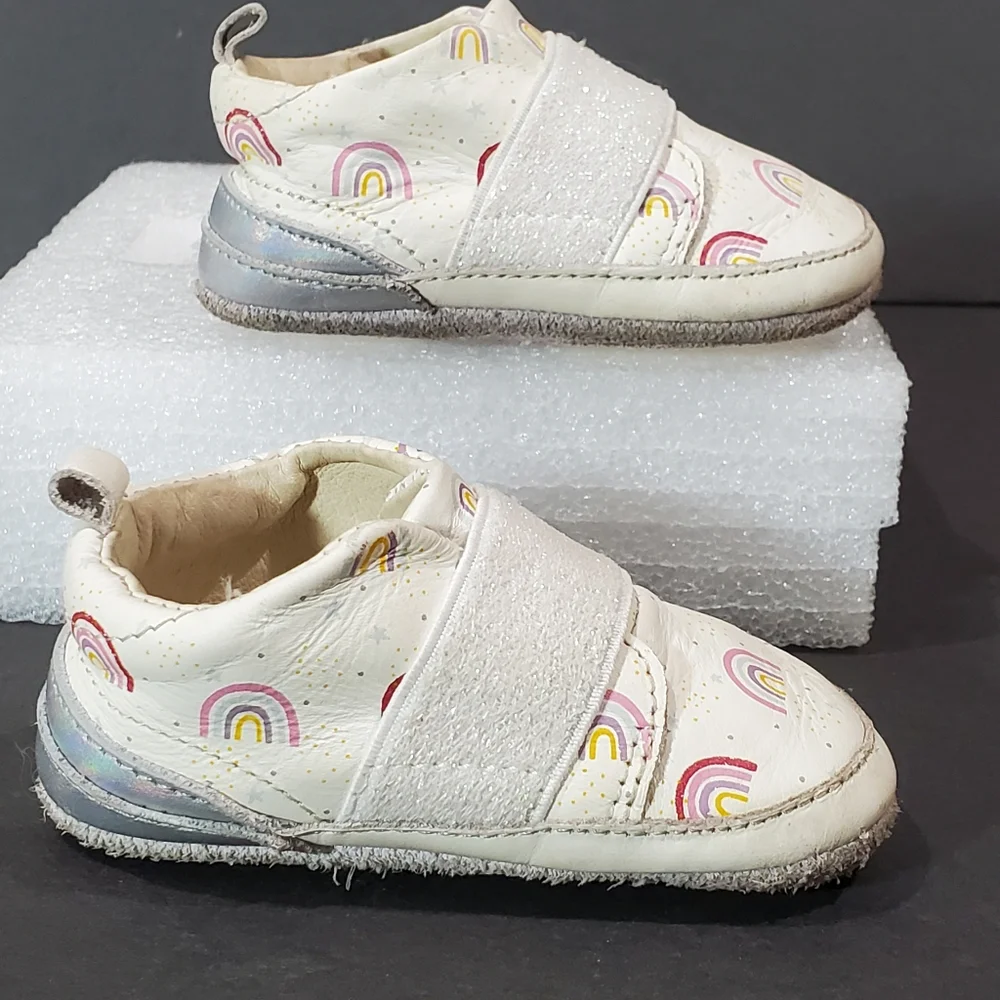 Robeez First Kicks Mille Leather Ivory Rainbow Print Slip-On Shoe Sneaker 6-9M